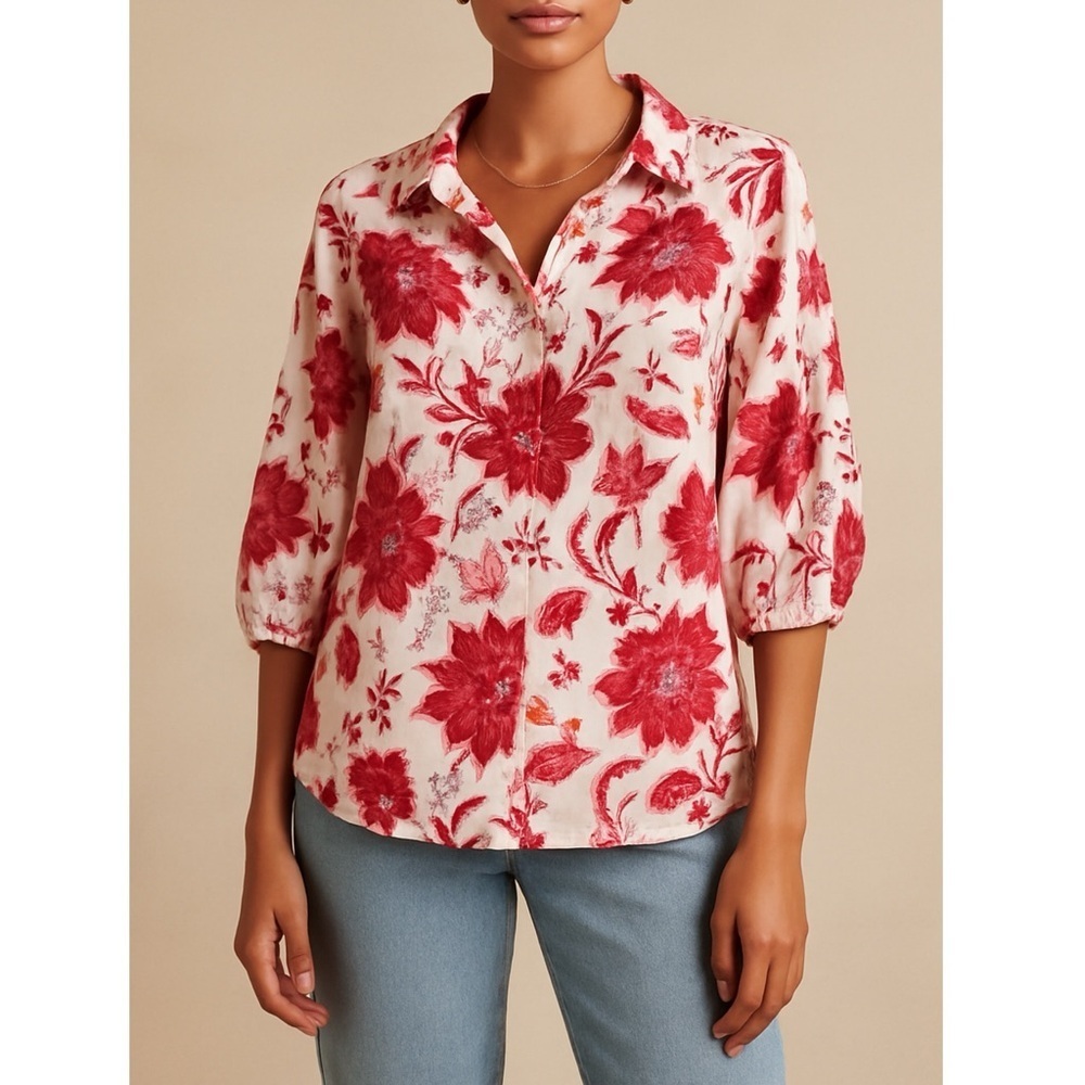 Heroes & Dreamers Linen Rayon Floral Button Down Top Red Pink White Blouse XL